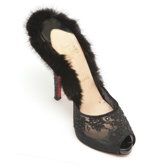 Christian Louboutin Shoes - CHRISTIAN LOUBOUTIN Black Mule NUTRIA 120 Fur Crystals Lace Netting Leather 38.5